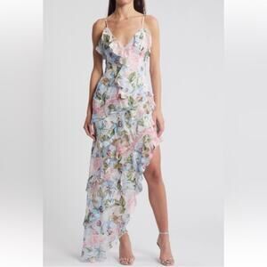 elliatt wilhelmina pink floral romance ruffle chiffon deep v maxi dress Size XS